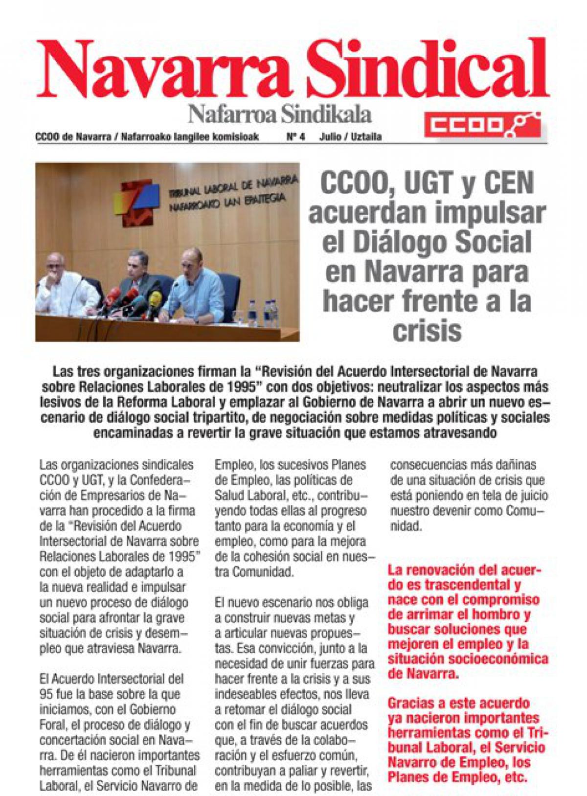 CCOO, UGT y CEN acuerdan impulsar el Dilogo Social en Navarra para hacer frente a la crisis