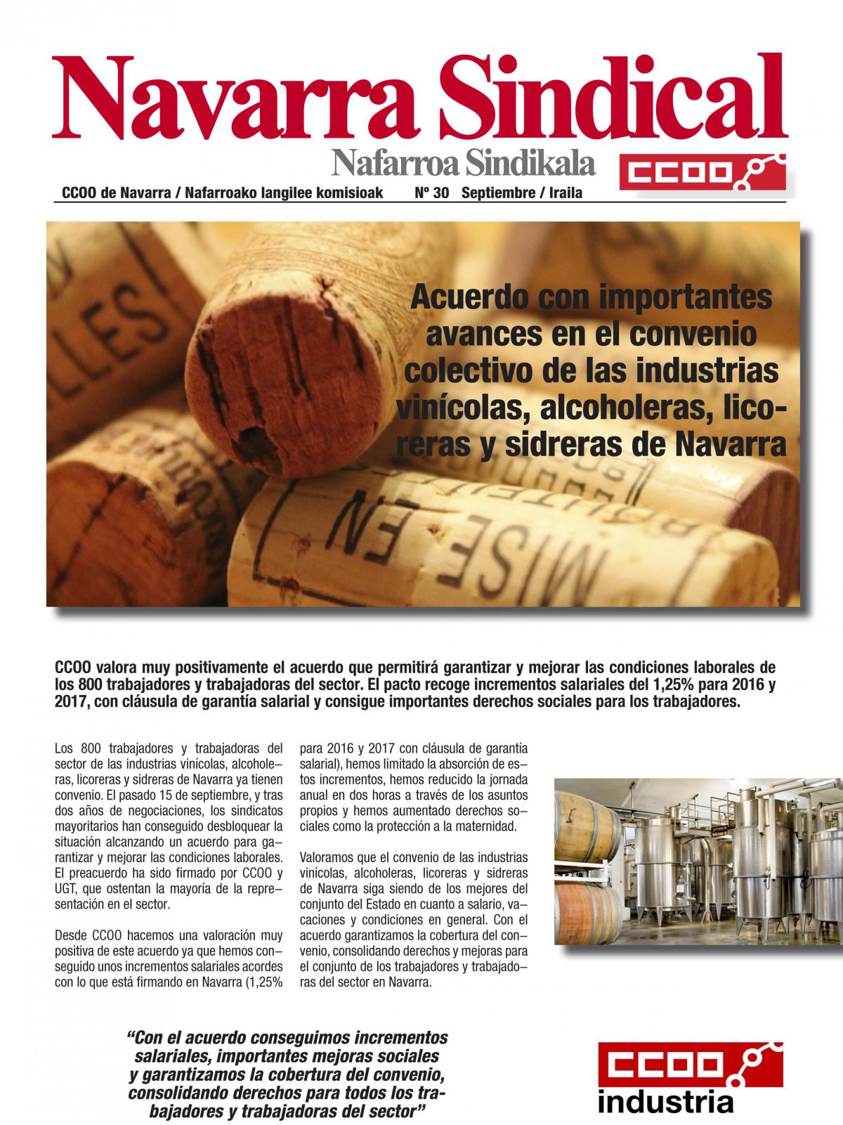 Acuerdo con importantes avances en el convenio colectivo de las industrias vincolas, alcoholeras, licoreras y sidreras de Navarra
